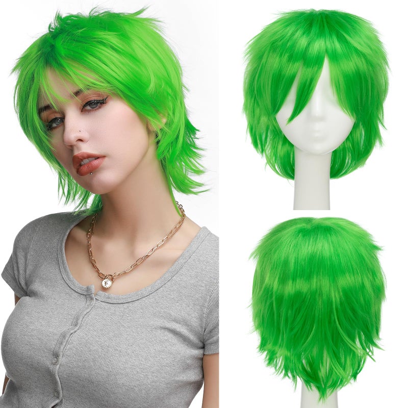 S-noilite Unisex Short Green Wig Women Men's Short Layered Fluffy Spiky Wigs with Bangs Straight Synthetic Hair Full Wigs for Halloween Cosplay Costume Comic-cons Anime Party Green - Image 1